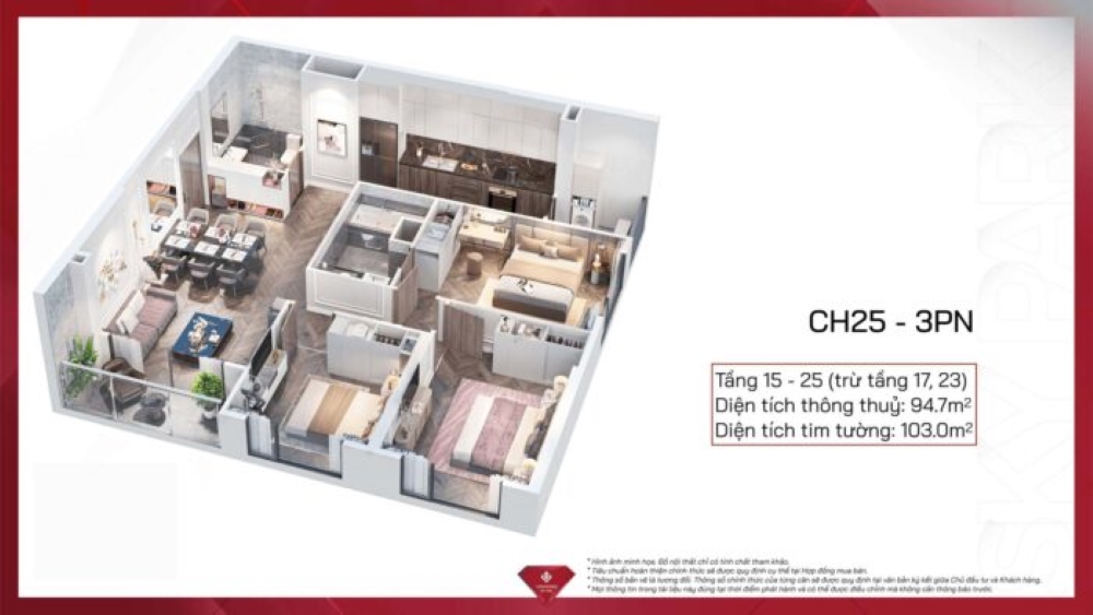 Layout thiết kế căn hộ 3 phòng ngủ tại chung cư Vũ Yên