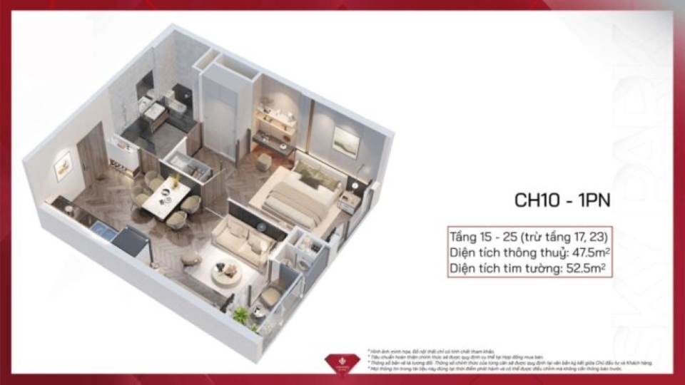 Mặt bằng thiết kế căn hộ 1 phòng ngủ tại chung cư Vũ Yên