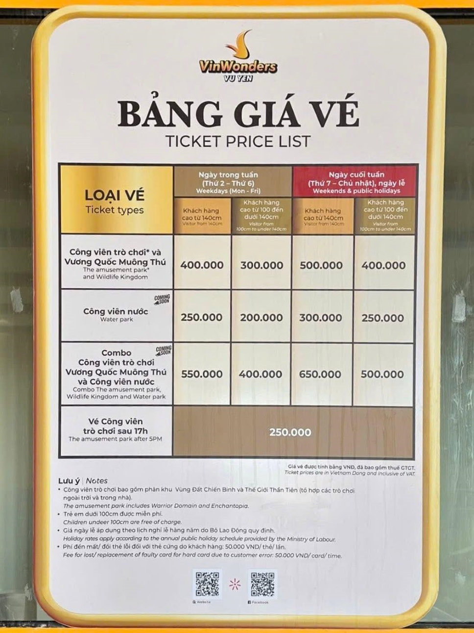 Bảng giá vé VinWonders Vũ Yên 2025