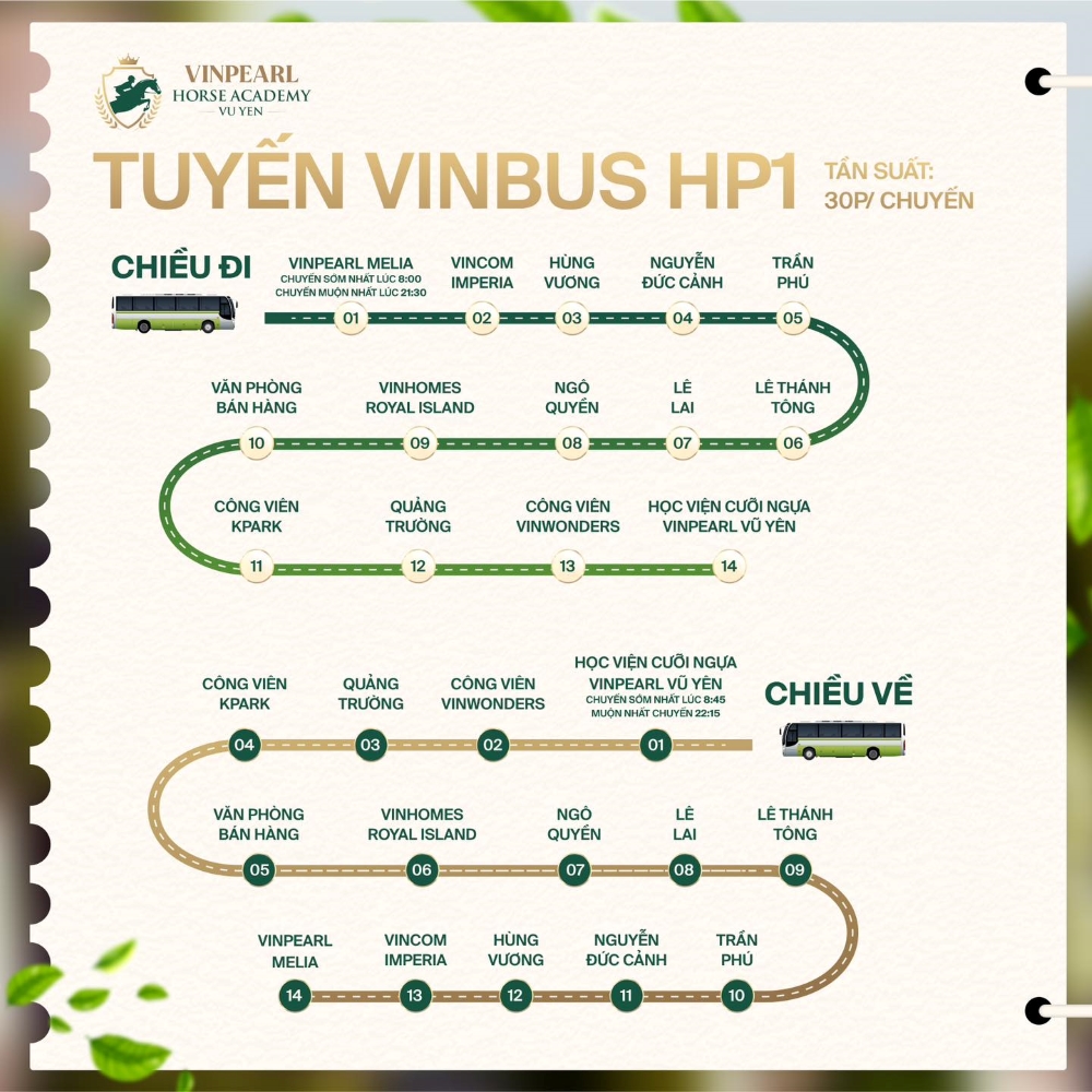 Lộ trình tuyến Vinbus HP1 đến học viện cưỡi ngựa Hoàng Gia tại Vinhomes Vũ Yên