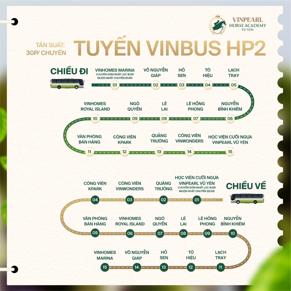 Lộ trình tuyến Vinbus HP2 đến học viện cưỡi ngựa Hoàng Gia tại Vinhomes Vũ Yên